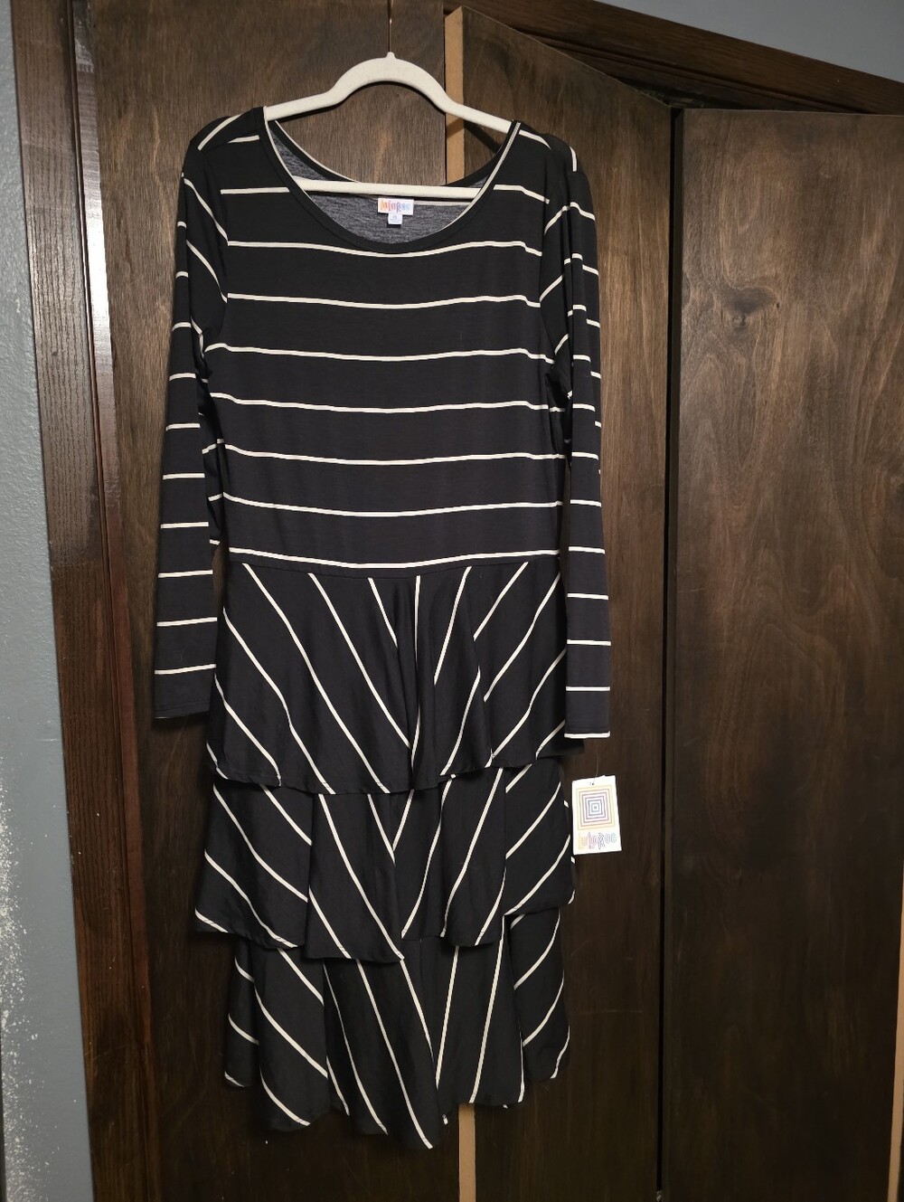 LuLaRoe Black and Cream Striped Tiered Long Sleeve Dress